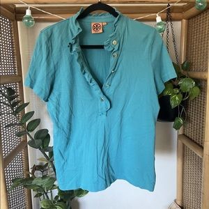 Tory Burch teal button up ruffle shirt